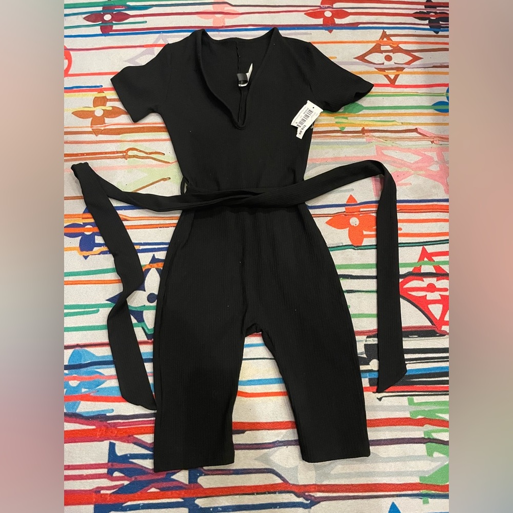 V-neck black Romper with Belt
